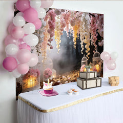 Lofaris Romantischer Kirschblütenfotohintergrund mit Vogelkäfigen und Kerzen, verträumte Kulisse für Hochzeiten und Fotoshootings