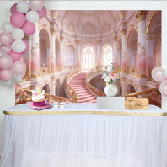 Lofaris Rosa Gold Märchenschloss-Treppenhaus-Hintergrund mit eleganten Säulen und Rosen, luxuriöse Kulisse für professionelles Fotoshooting
