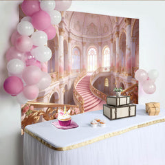 Lofaris Rosa Gold Märchenschloss-Treppenhaus-Hintergrund mit eleganten Säulen und Rosen, luxuriöse Kulisse für professionelles Fotoshooting