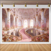 Lofaris Rosa Gold Märchenschloss-Treppenhaus-Hintergrund mit eleganten Säulen und Rosen, luxuriöse Kulisse für professionelles Fotoshooting