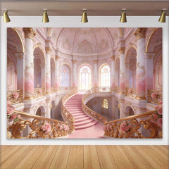 Lofaris Rosa Gold Märchenschloss-Treppenhaus-Hintergrund mit eleganten Säulen und Rosen, luxuriöse Kulisse für professionelles Fotoshooting