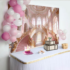 Lofaris Rosa Gold Prinzessinnenpalast-Hintergrund mit großer Treppe und Rosen, luxuriöse Kulisse für elegante Fotoshootings und Events