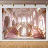 Lofaris Rosa Gold Prinzessinnenpalast-Hintergrund mit großer Treppe und Rosen, luxuriöse Kulisse für elegante Fotoshootings und Events