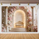 Lofaris Eleganter Blumen Fotohintergrund mit rosa Rosen und goldenen Säulen, luxuriöse Kulisse für Hochzeitsfotoshootings und Events