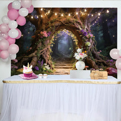 Lofaris Magischer Zauberwald Fotohintergrund mit Lichterkette und Blumenbogen, mystische Kulisse für Fotoshootings und Events