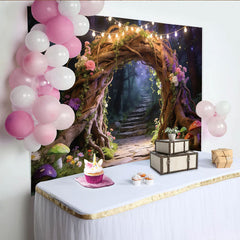 Lofaris Märchenwald Fotohintergrund mit floralem Baumtor und Lichterketten, zauberhafte Kulisse für Fotostudio und Partydekoration