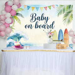 Lofaris Aquarell Baby on board Strand Babyparty Hintergrund mit VW Bus, sommerliche Fotowand für Babyparty-Feier und Fotoshootings