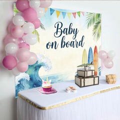 Lofaris Aquarell Baby on board Strand Babyparty Hintergrund mit VW Bus, sommerliche Fotowand für Babyparty-Feier und Fotoshootings