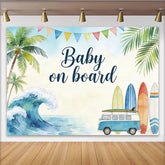 Lofaris Aquarell Baby on board Strand Babyparty Hintergrund mit VW Bus, sommerliche Fotowand für Babyparty-Feier und Fotoshootings