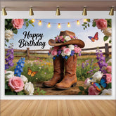 Lofaris Rustikaler Western-Geburtstagshintergrund mit Blumen und Cowboystiefeln, farbenfrohe Partydekoration für Fotoshootings