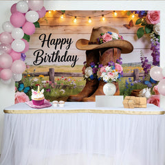 Lofaris Happy Birthday Western-Hintergrund mit Cowboyhut und Rosen, ländliche Fotowand für Partydekoration und Fotoshooting