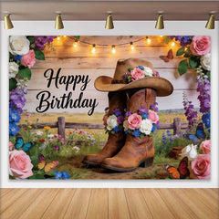 Lofaris Happy Birthday Western-Hintergrund mit Cowboyhut und Rosen, ländliche Fotowand für Partydekoration und Fotoshooting
