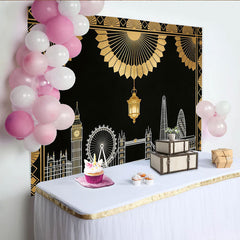 Lofaris Schwarz-goldener Art-Déco London-Skyline Fotohintergrund, elegante Kulisse für Party und professionelles Fotoshooting