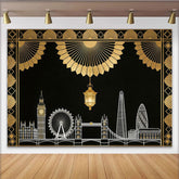 Lofaris Schwarz-goldener Art-Déco London-Skyline Fotohintergrund, elegante Kulisse für Party und professionelles Fotoshooting