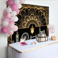 Lofaris Eleganter Schwarz-Gold Art-Déco-London-Fotohintergrund, luxuriöse Kulisse für stilvolle Events und professionelle Fotografie
