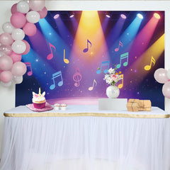 Lofaris Lebendiger bunter Musik-Fotohintergrund mit Noten und Scheinwerfern, dynamische Party-Kulisse für professionelle Fotostudios und Events