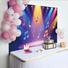 Lofaris Lebendiger bunter Musik-Fotohintergrund mit Noten und Scheinwerfern, dynamische Party-Kulisse für professionelle Fotostudios und Events