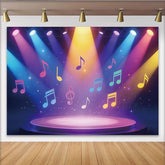 Lofaris Lebendiger bunter Musik-Fotohintergrund mit Noten und Scheinwerfern, dynamische Party-Kulisse für professionelle Fotostudios und Events