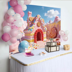 Lofaris Bunter Süßigkeitenland Hintergrund mit Zuckerhaus und Lollipops, traumhafte Fotokulisse für Kindergeburtstag und Fotoshooting