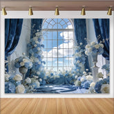 Lofaris Eleganter blau-weißer Blumenfensterhintergrund mit Rosen, romantische Kulisse für Hochzeitsfotos und Porträts