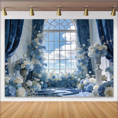 Lofaris Eleganter blau-weißer Blumenfensterhintergrund mit Rosen, romantische Kulisse für Hochzeitsfotos und Porträts