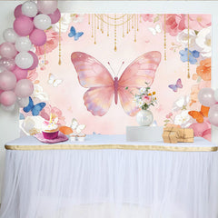 Lofaris Aquarell Schmetterlingshintergrund mit rosa Blumen und goldenen Ketten, traumhafte Kulisse für Fotografie und zarte Dekoration