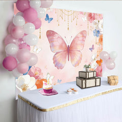 Lofaris Aquarell Schmetterlingshintergrund mit rosa Blumen und goldenen Ketten, traumhafte Kulisse für Fotografie und zarte Dekoration