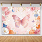Lofaris Aquarell Schmetterlingshintergrund mit rosa Blumen und goldenen Ketten, traumhafte Kulisse für Fotografie und zarte Dekoration