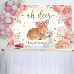 Lofaris Süßer Rehkitz-Babypartyhintergrund mit rosa Blumen und Goldglitzer, elegante Fotokulisse für Mädchen Willkommensfeier und Fotoshooting