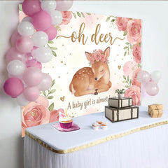 Lofaris Süßer Rehkitz-Babypartyhintergrund mit rosa Blumen und Goldglitzer, elegante Fotokulisse für Mädchen Willkommensfeier und Fotoshooting