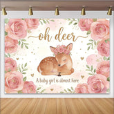 Lofaris Süßer Rehkitz-Babypartyhintergrund mit rosa Blumen und Goldglitzer, elegante Fotokulisse für Mädchen Willkommensfeier und Fotoshooting