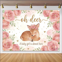 Lofaris Süßer Rehkitz-Babypartyhintergrund mit rosa Blumen und Goldglitzer, elegante Fotokulisse für Mädchen Willkommensfeier und Fotoshooting