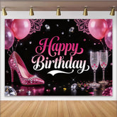 Lofaris Rosa Glamour-Geburtstagshintergrund für Frauen mit Ballons und Diamanten, elegante funkelnde Partydekoration für Fotoshootings