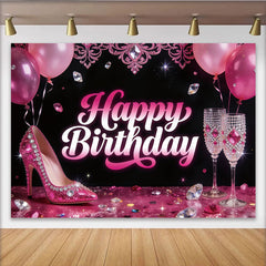 Lofaris Rosa Schwarz Happy Birthday Glamour-Geburtstagshintergrund für Damen, funkelnde Fotokulisse mit eleganten High Heels und Sektgläsern
