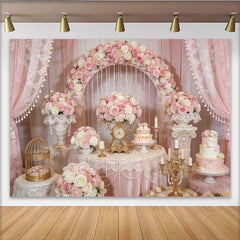Lofaris Eleganter rosa Blumen-Fotohintergrund mit Perlen und Spitze für Hochzeiten, luxuriöse Fotokulisse für professionelle Fotoshootings