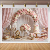 Lofaris Eleganter Rosa Blumen-Hochzeitshintergrund mit Rosen und Perlen, romantische Fotokulisse für Verlobungsfeier und Event-Dekoration