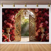 Lofaris Elegantes Goldenes Tor Blumen-Fotohintergrund mit roten Rosen, romantische Kulisse für Hochzeiten und Fotoshootings