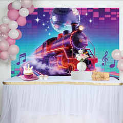 Lofaris Leuchtender Neon-Zug Fotohintergrund mit Discokugel und Musiknoten, buntes Retro-Design für Partydekoration und Fotoshooting