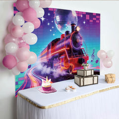 Lofaris Leuchtender Neon-Zug Fotohintergrund mit Discokugel und Musiknoten, buntes Retro-Design für Partydekoration und Fotoshooting