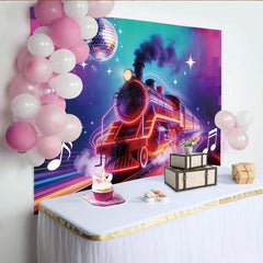 Lofaris Leuchtender Neon-Zug-Fotohintergrund mit Discokugel und Musiknoten, farbenfrohe Party-Kulisse für Kindergeburtstag und Fotos
