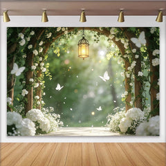 Lofaris Romantischer Blumenbogen Fotohintergrund mit weißen Blüten und Laterne, elegante Kulisse für Hochzeiten und Fotoshootings