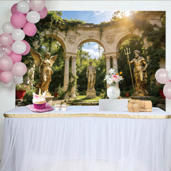 Lofaris Mythologischer Gartenhintergrund mit goldenen Statuen und Steinbögen, elegante Fotokulisse für professionelle Porträts und Events