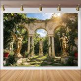 Lofaris Mythologischer Gartenhintergrund mit goldenen Statuen und Steinbögen, elegante Fotokulisse für professionelle Porträts und Events