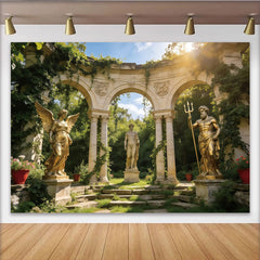 Lofaris Mythologischer Gartenhintergrund mit goldenen Statuen und Steinbögen, elegante Fotokulisse für professionelle Porträts und Events