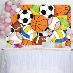 Lofaris Bunter Sporthintergrund mit Fußbällen Basketbällen und Basebällen, vielseitige Fotokulisse für Sportevents und Partydekoration