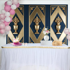 Lofaris Dunkelblau Gold ornamentierter Barock Fotohintergrund mit Vasen, luxuriöse Kulisse für elegante Porträts und Events