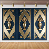 Lofaris Dunkelblau Gold ornamentierter Barock Fotohintergrund mit Vasen, luxuriöse Kulisse für elegante Porträts und Events