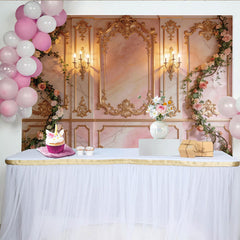 Lofaris Barocker Goldrahmen-Fotohintergrund mit rosa Marmor und Rosen, elegante Kulisse für Hochzeiten, Porträts und Events