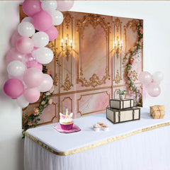 Lofaris Barocker Goldrahmen-Fotohintergrund mit rosa Marmor und Rosen, elegante Kulisse für Hochzeiten, Porträts und Events