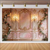 Lofaris Barocker Goldrahmen-Fotohintergrund mit rosa Marmor und Rosen, elegante Kulisse für Hochzeiten, Porträts und Events